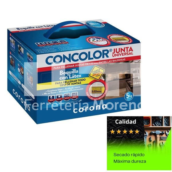 Cemento blanco corona para rellenar todo tipo de juntas  de 1-12mm entre baldosas. Con látex, acabado suave, no provoca fisuras. Para interior, exterior, fachadas, piscinas y fuentes. Cajas de 5 Kg